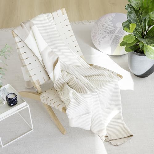 Ibena Decke 150x200 Kuscheldecke beige weiß gestreift Baumwolle