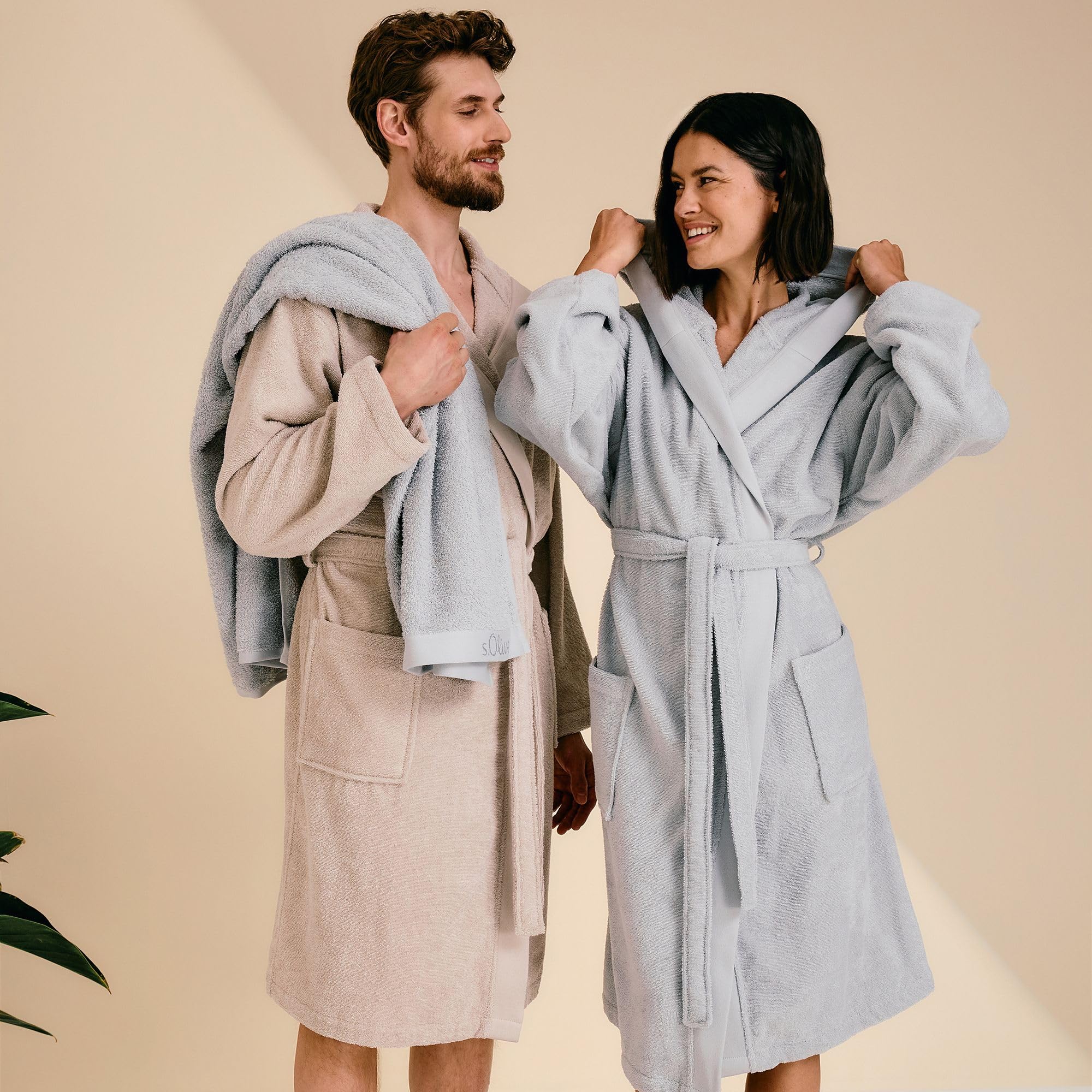 s.Oliver Bademantel M-L Baumwolle Beige mit Kapuze Unisex