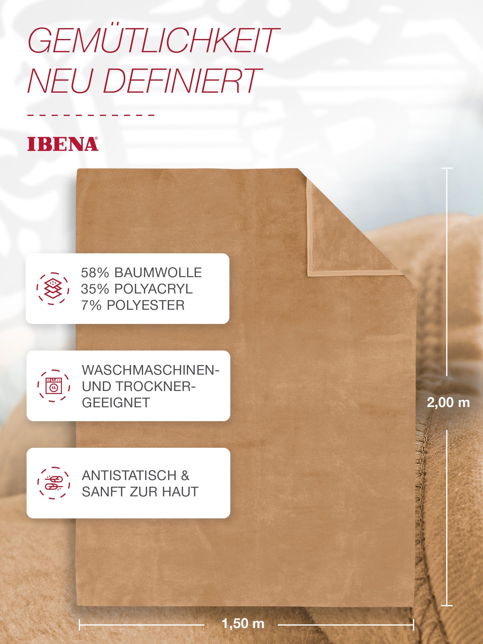 IBENA Porto Kuscheldecke 150x200 cm Camel Baumwollmix