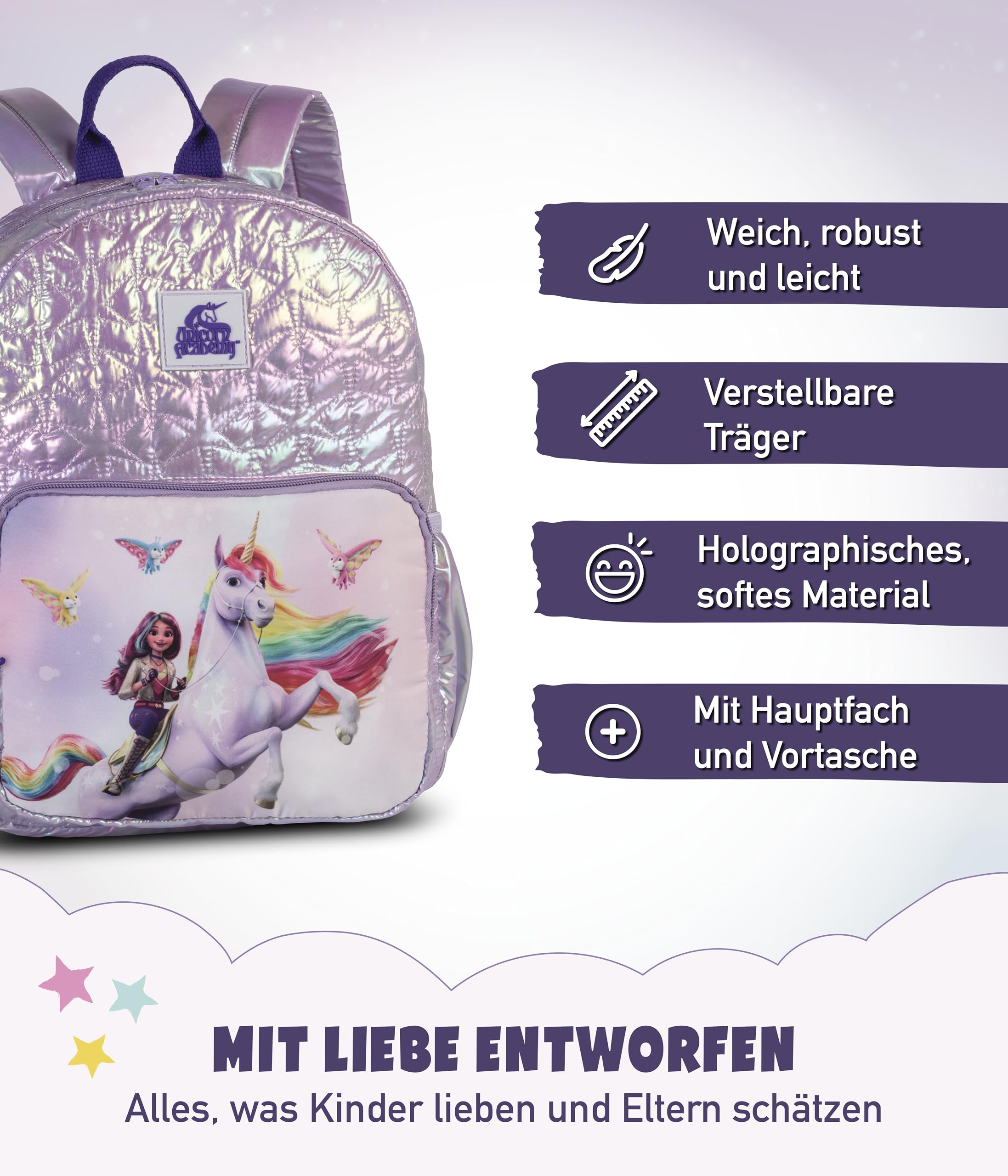 Unicorn Academy Rucksack Mädchen Rosa 9L Einhorn Holografisch