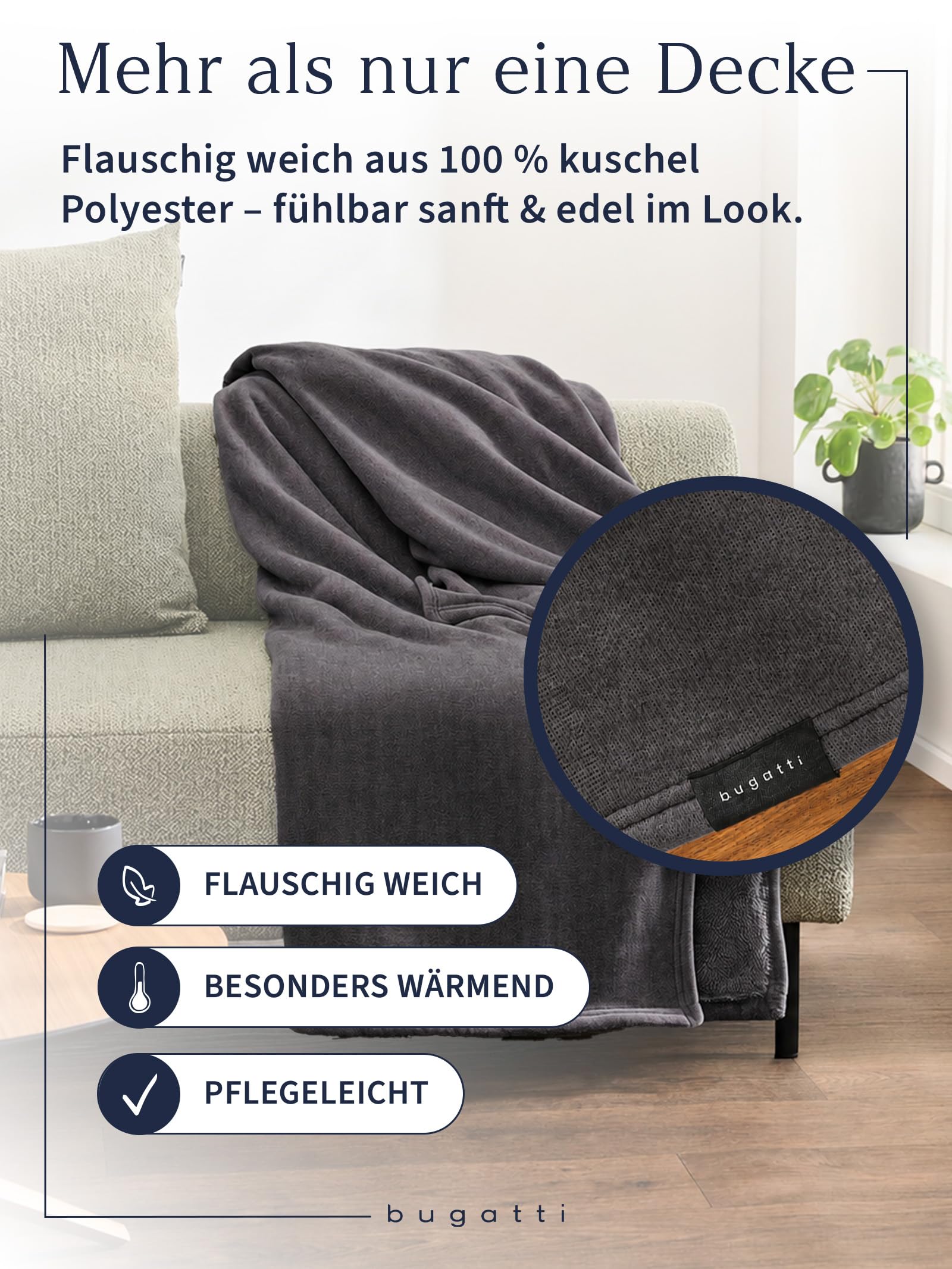 IBENA bugatti DoppioSoft Decke 160x220 Dunkelgrau Kuscheldecke