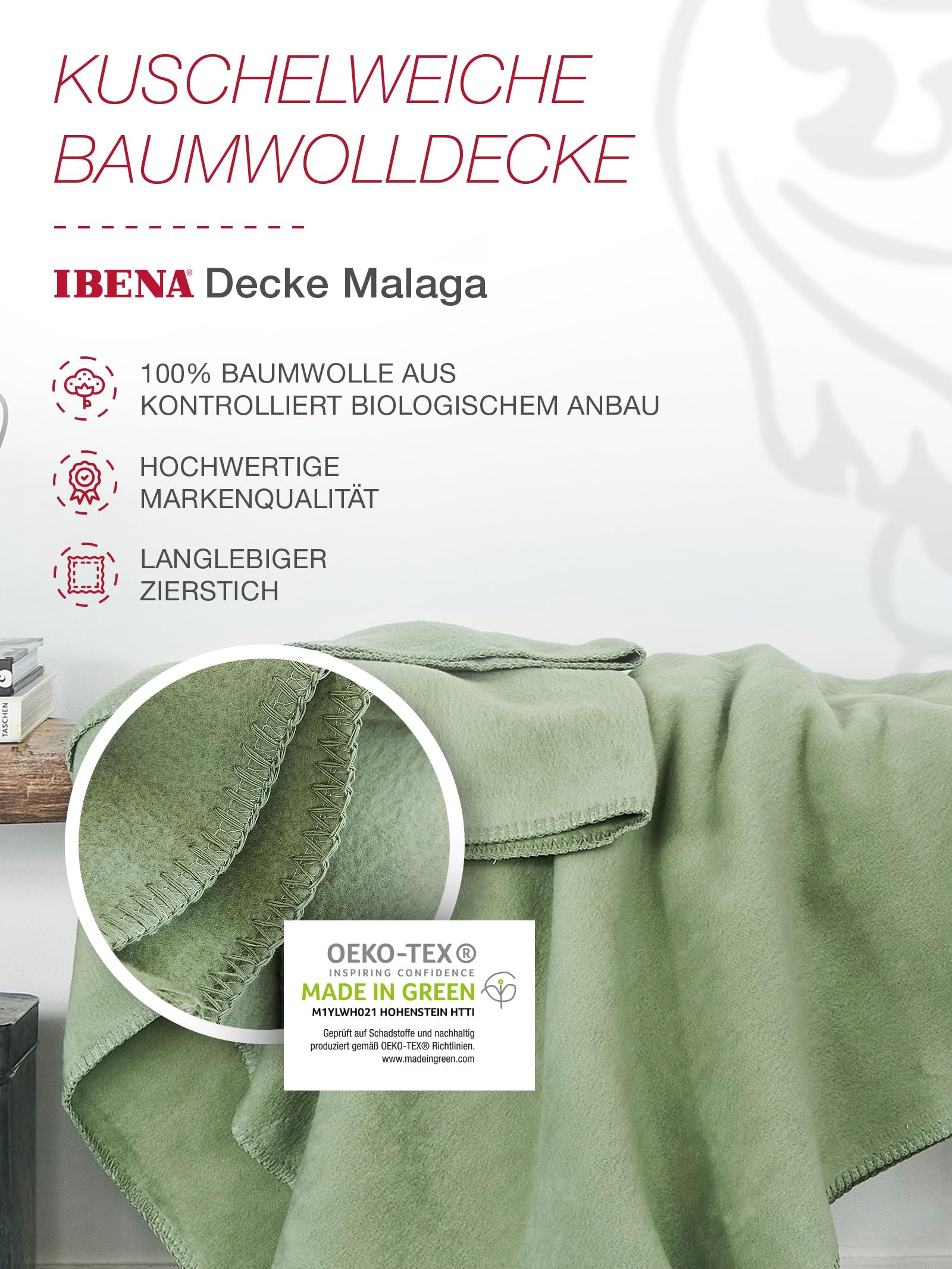 Ibena Malaga Bio Wolldecke 150x200 Baumwolldecke Grün