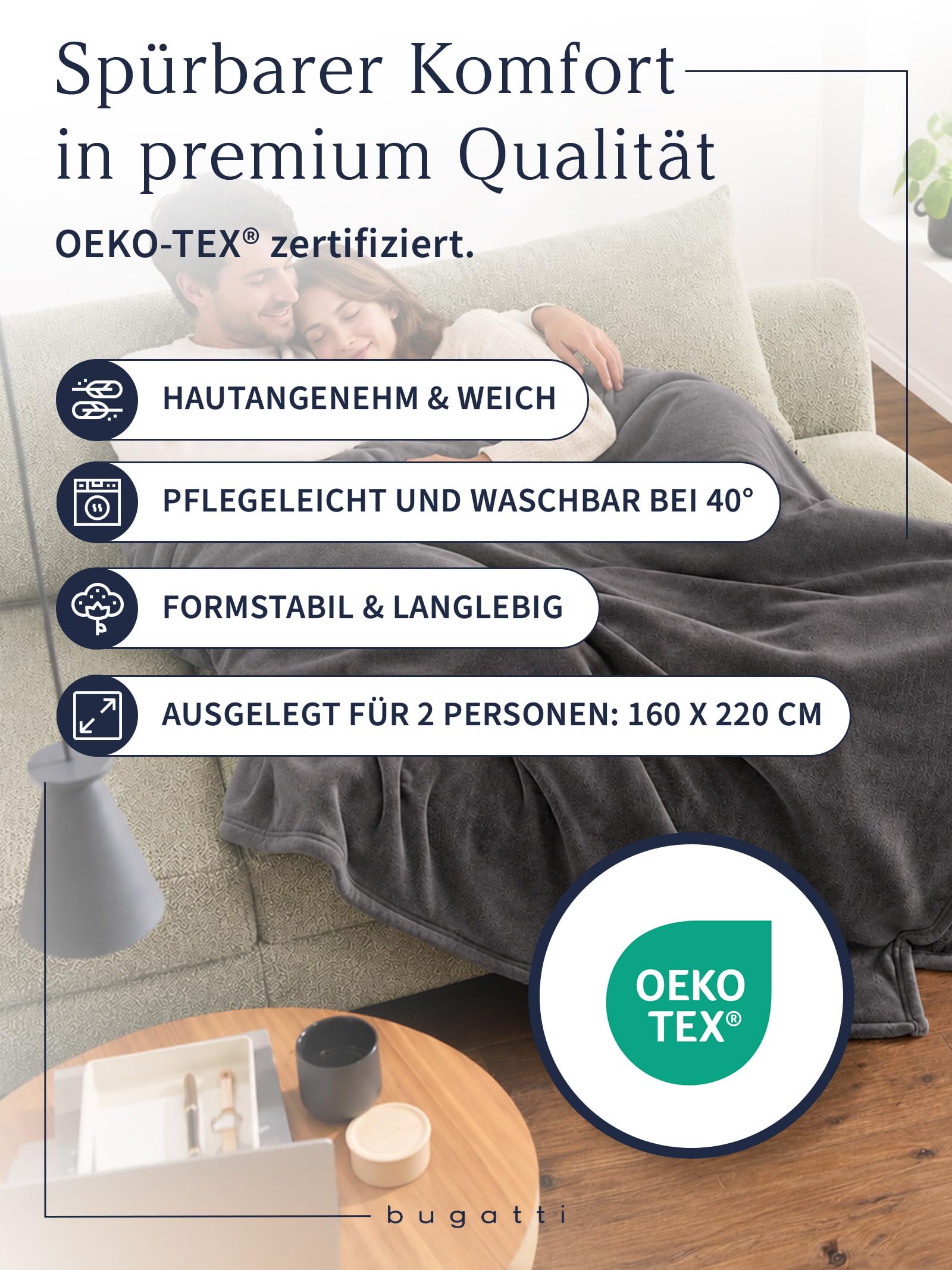 IBENA bugatti DoppioSoft Decke 160x220 Dunkelgrau Kuscheldecke