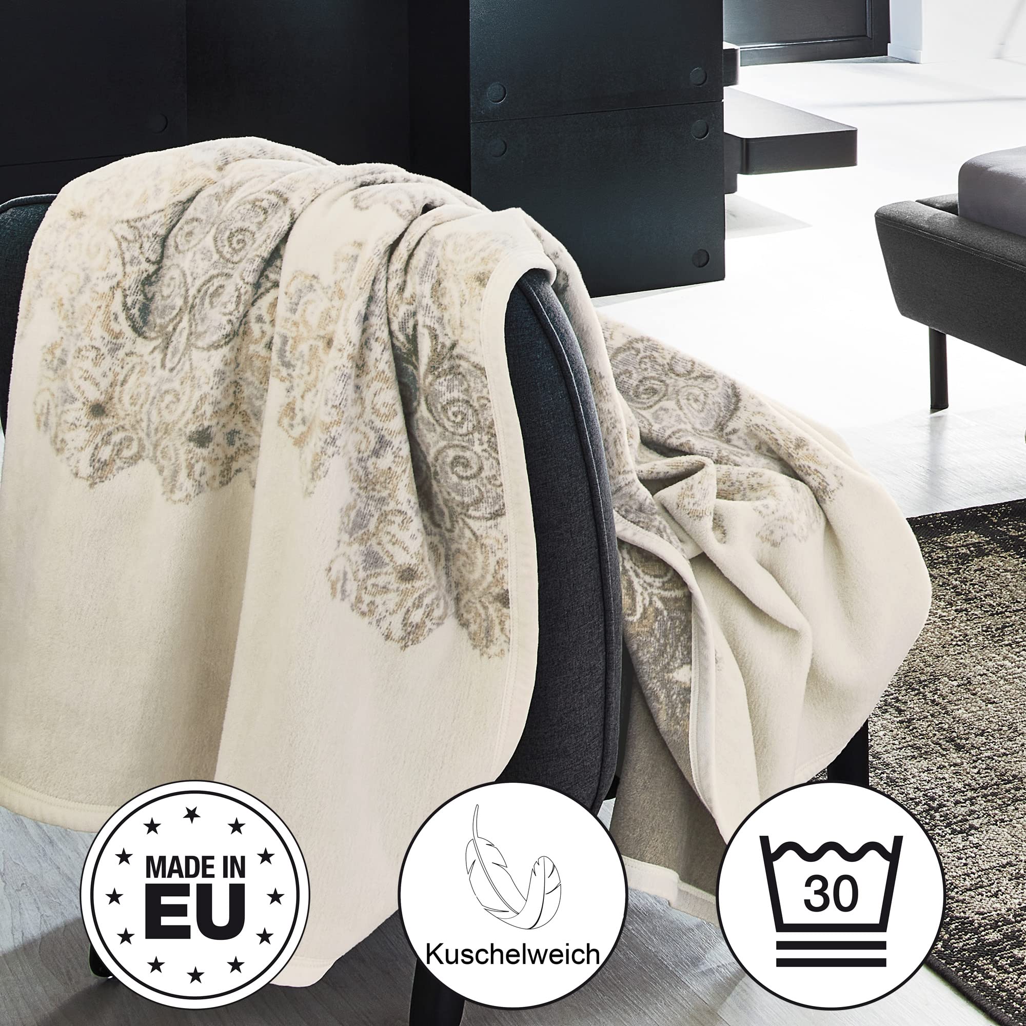 Ibena Bagheria Kuscheldecke 150x200 cm Wollweiß Grau Ornament
