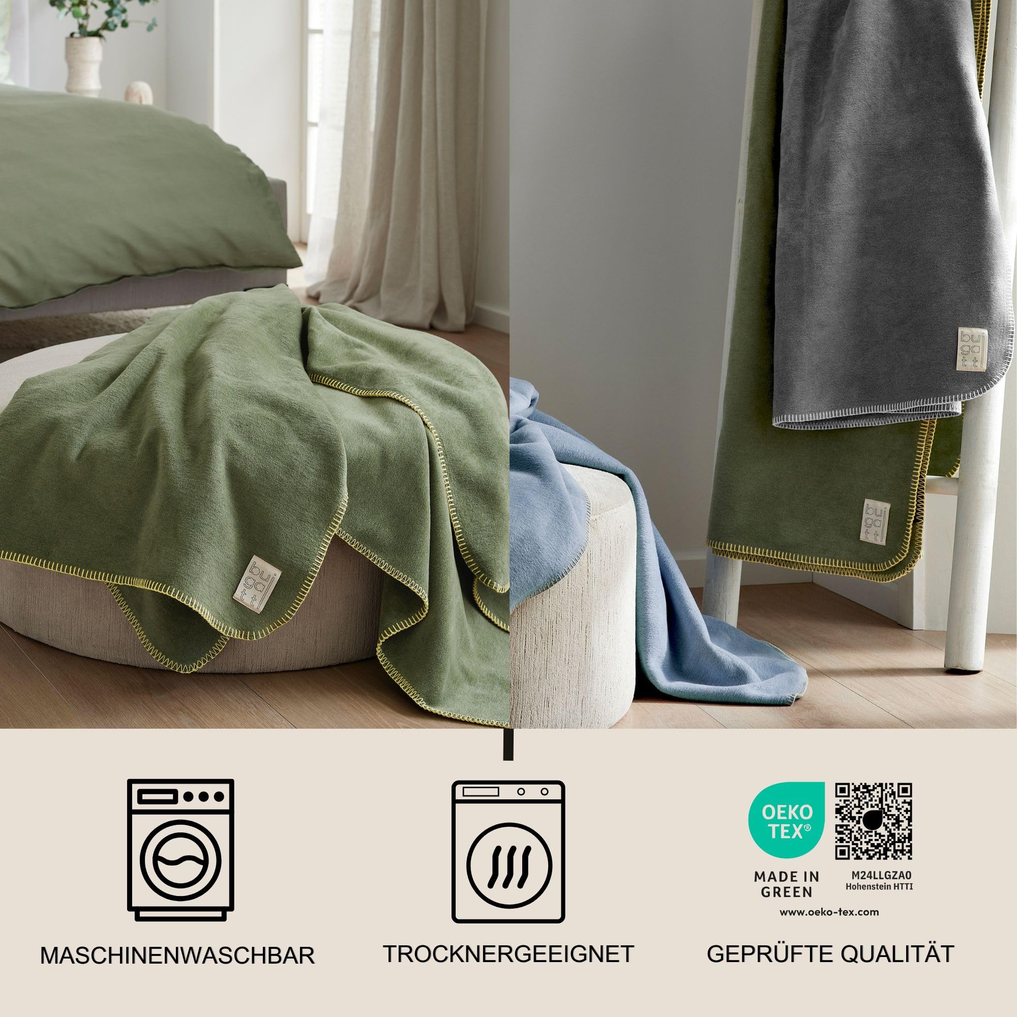 bugatti Kuscheldecke 150x200 Baumwollmix grün einfarbig warm