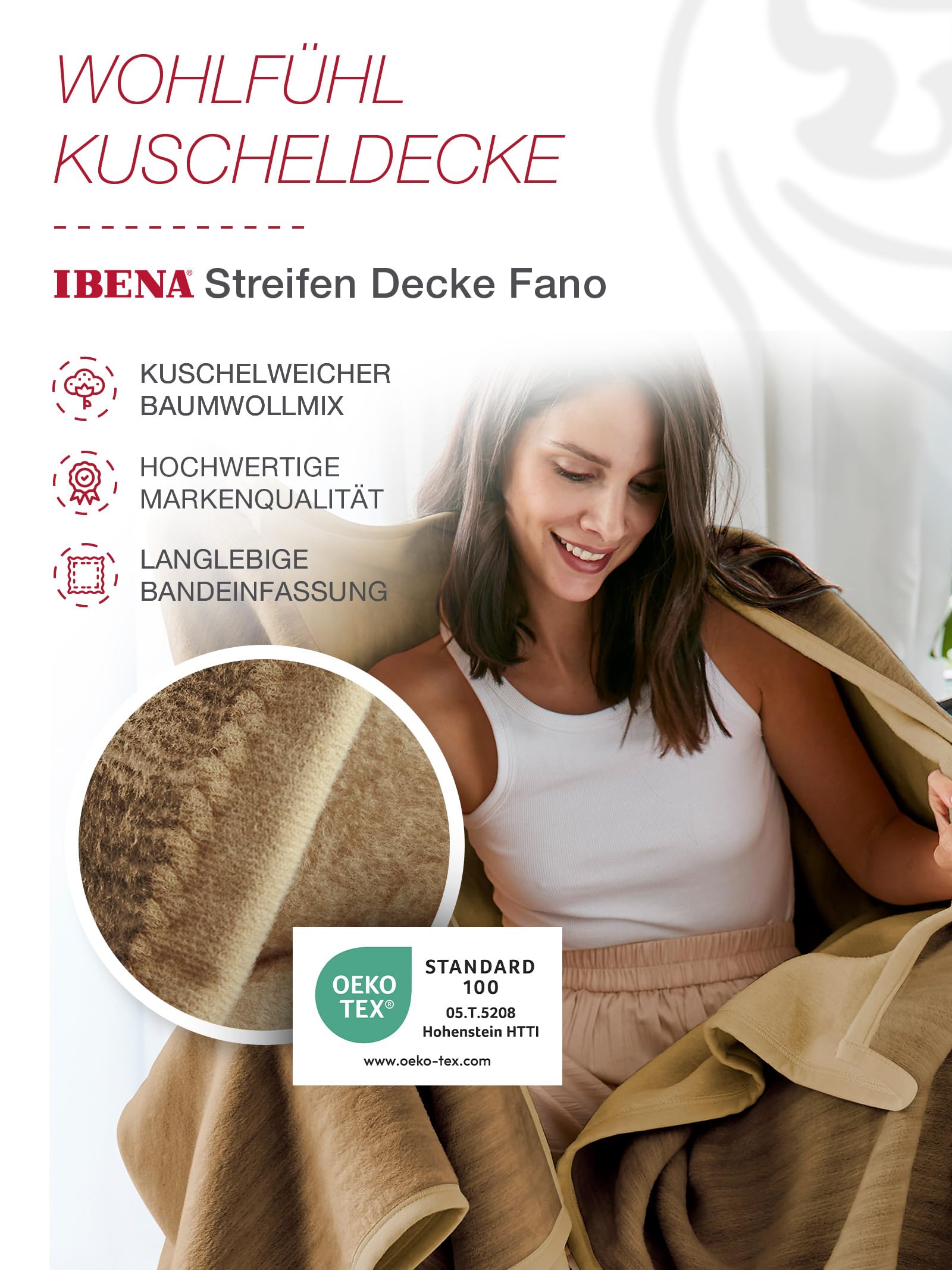 IBENA Fano Kuscheldecke 150x200 Braun Camel Baumwollmix Wende