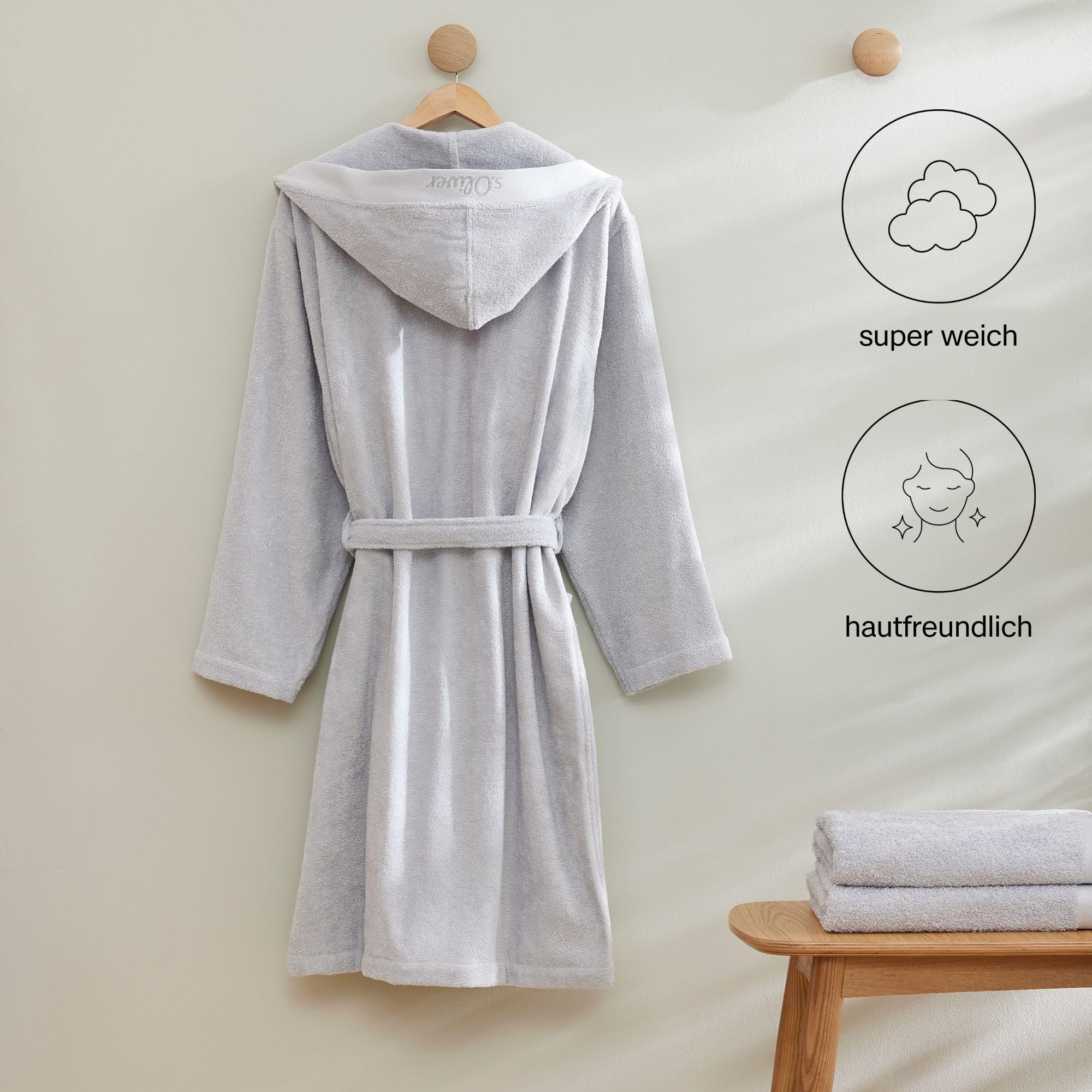 s.Oliver Bademantel M-L Baumwolle Beige mit Kapuze Unisex