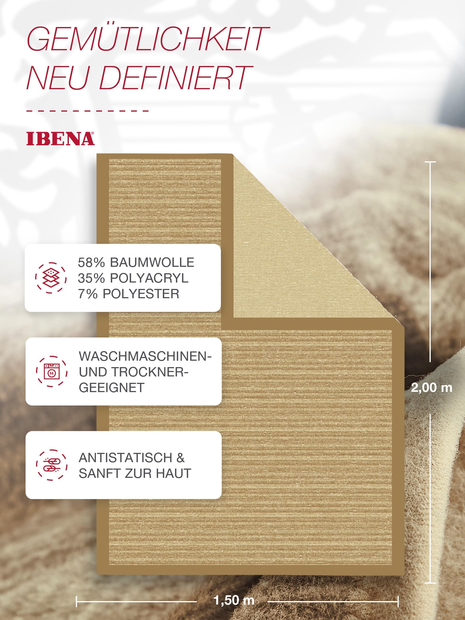 IBENA Fano Kuscheldecke 150x200 Braun Camel Baumwollmix Wende