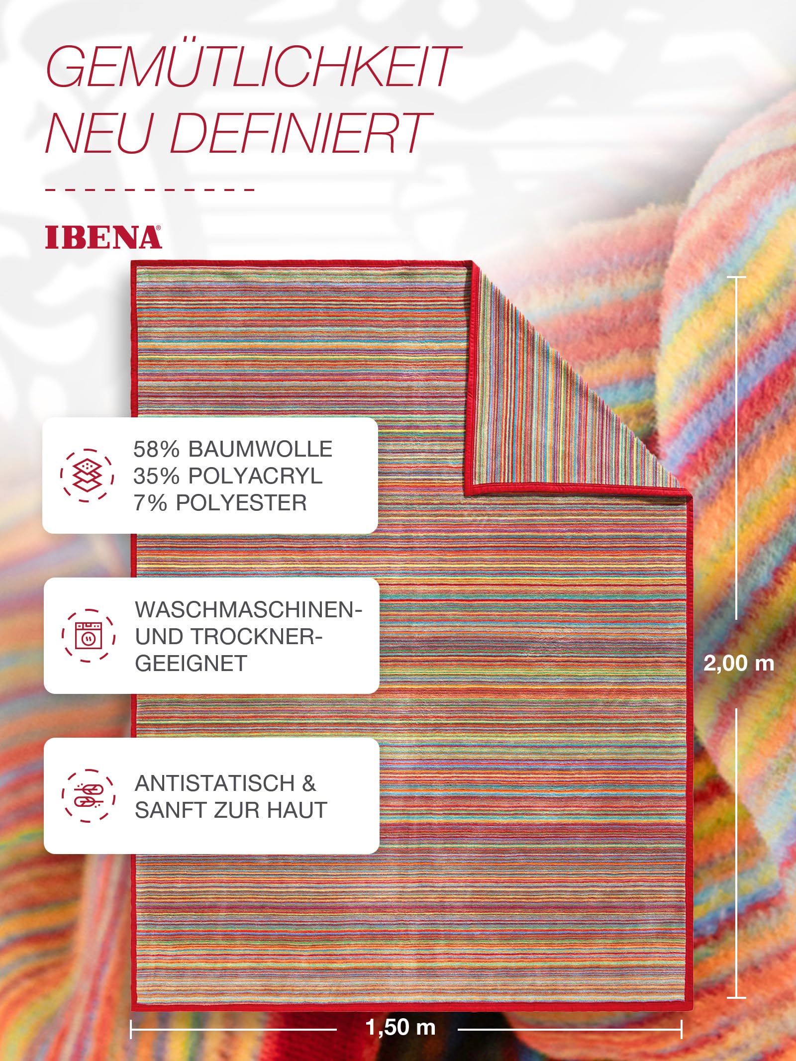 IBENA Malang Wolldecke 150x200 cm bunt gestreift Baumwolle