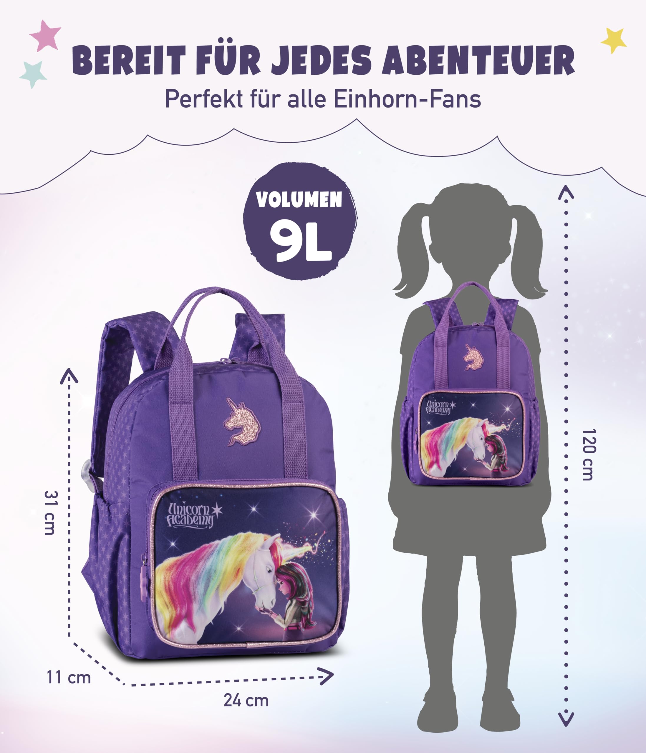 Unicorn Academy Kinderrucksack 9L Lila 31x24x11 cm
