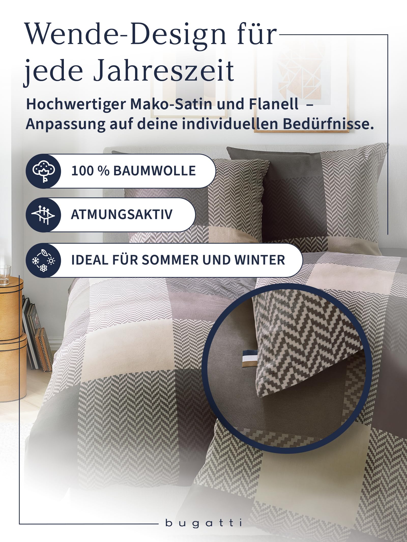bugatti Bettwäsche 135x200 braun Karo Wende Baumwolle