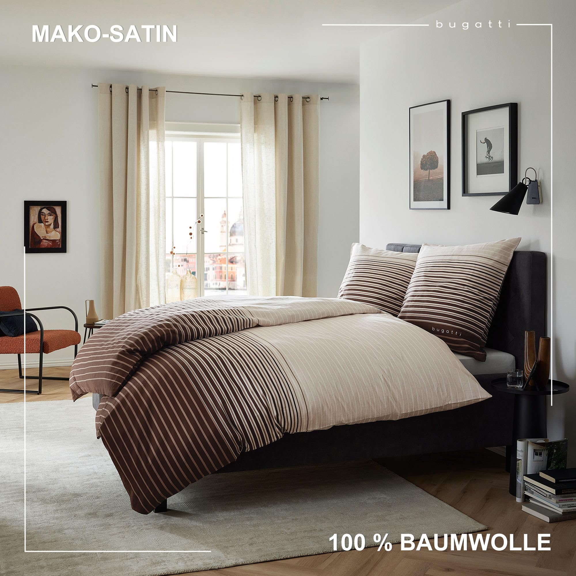 bugatti Bettwäsche 135x200 braun gestreift Baumwolle