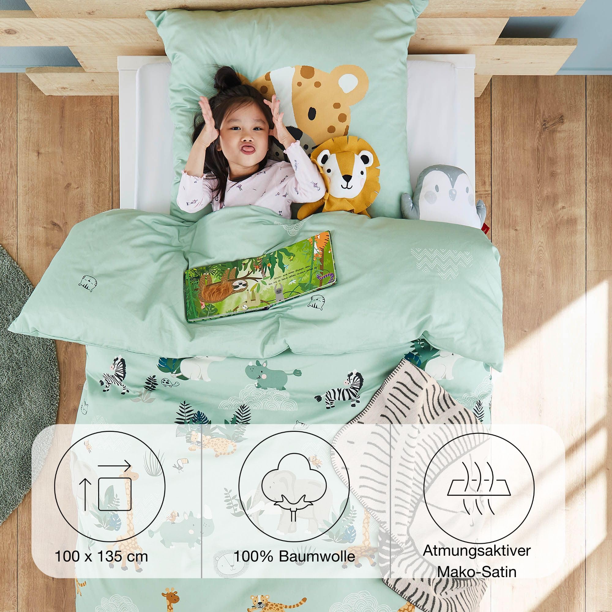s.Oliver Safaritiere Kinderbettwäsche 100x135 grün Baumwolle