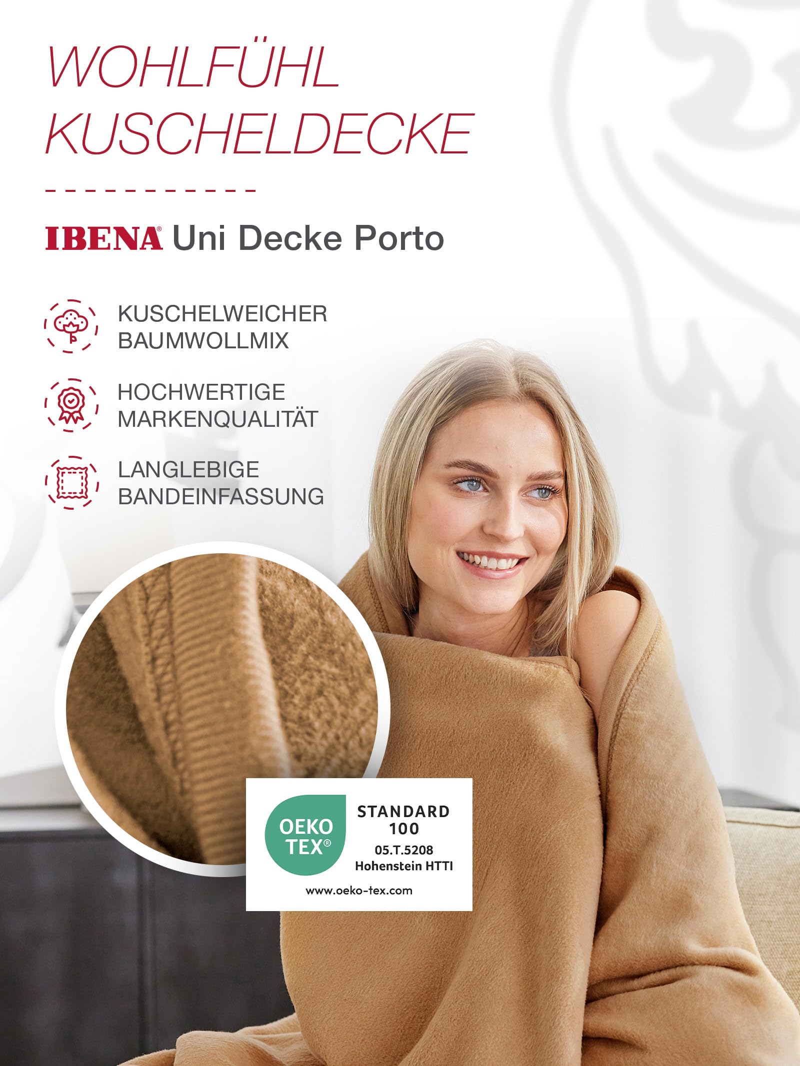 IBENA Porto Kuscheldecke 150x200 cm Camel Baumwollmix