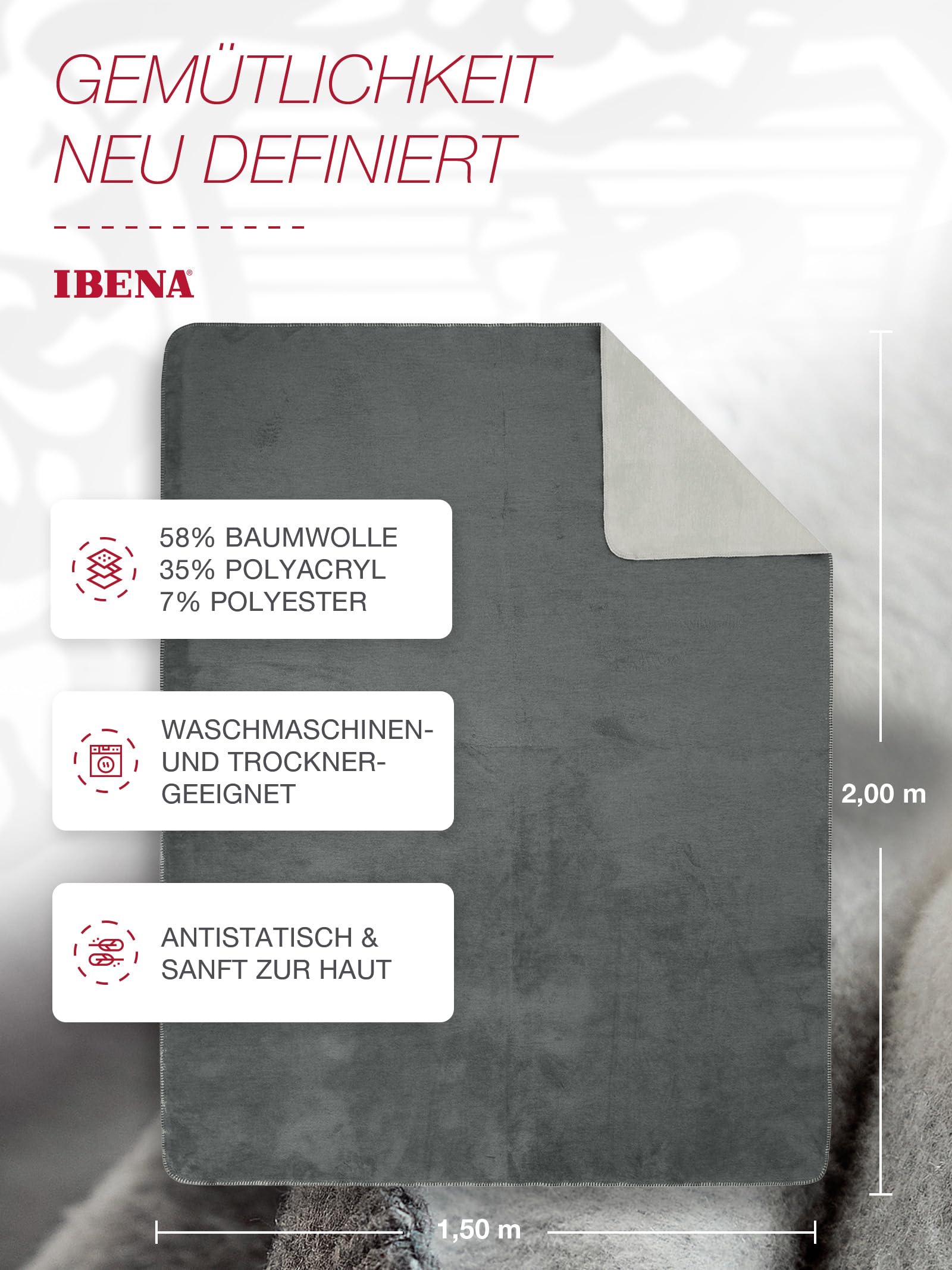 IBENA Dublin Wendedecke 150x200 Grau Silber Baumwolle