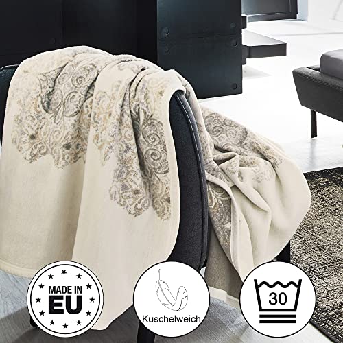 Ibena Bagheria Kuscheldecke 150x200 cm Wollweiß Grau Ornament