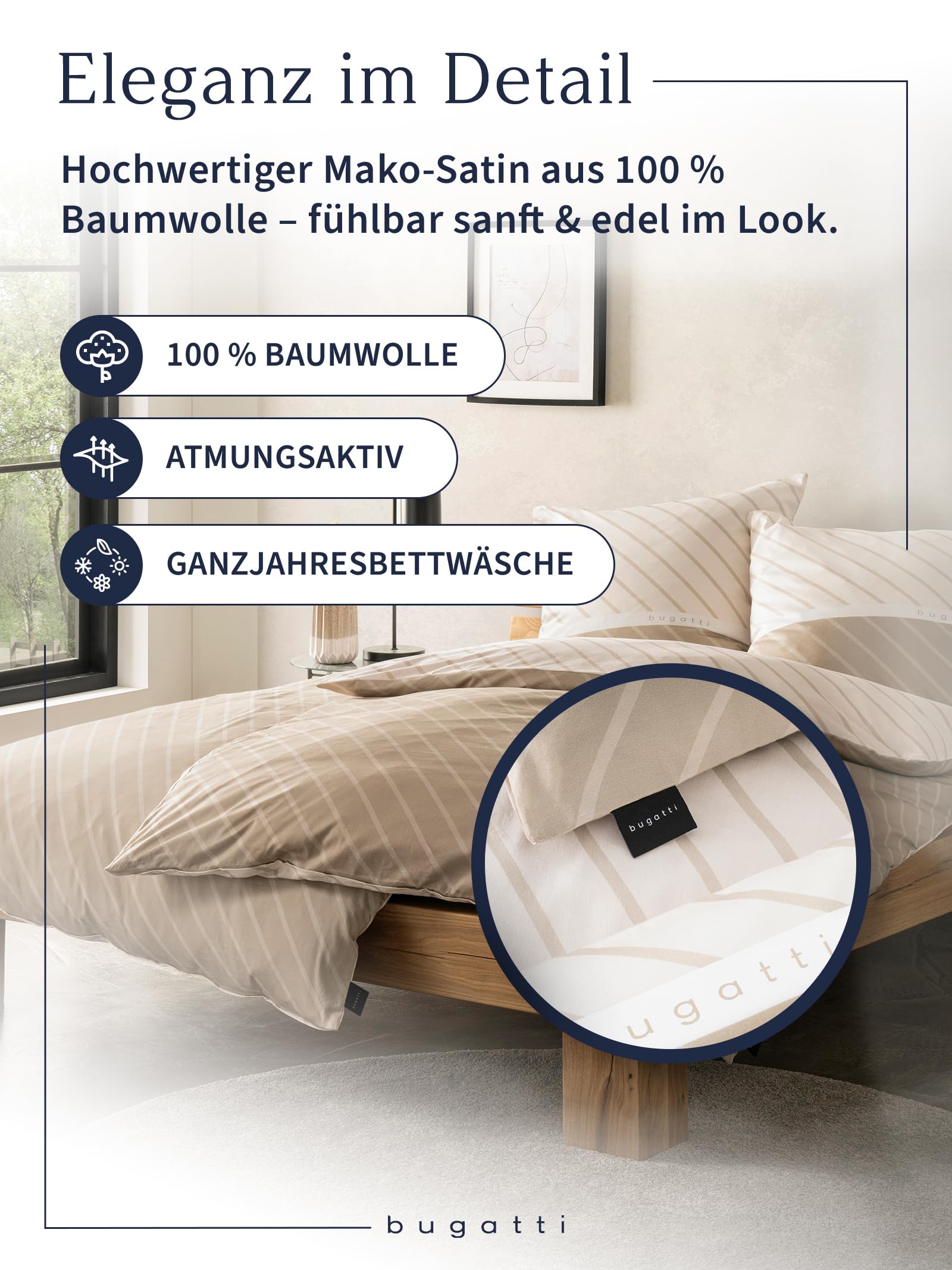 bugatti Bettwäsche 135x200 beige Streifen Mako-Satin