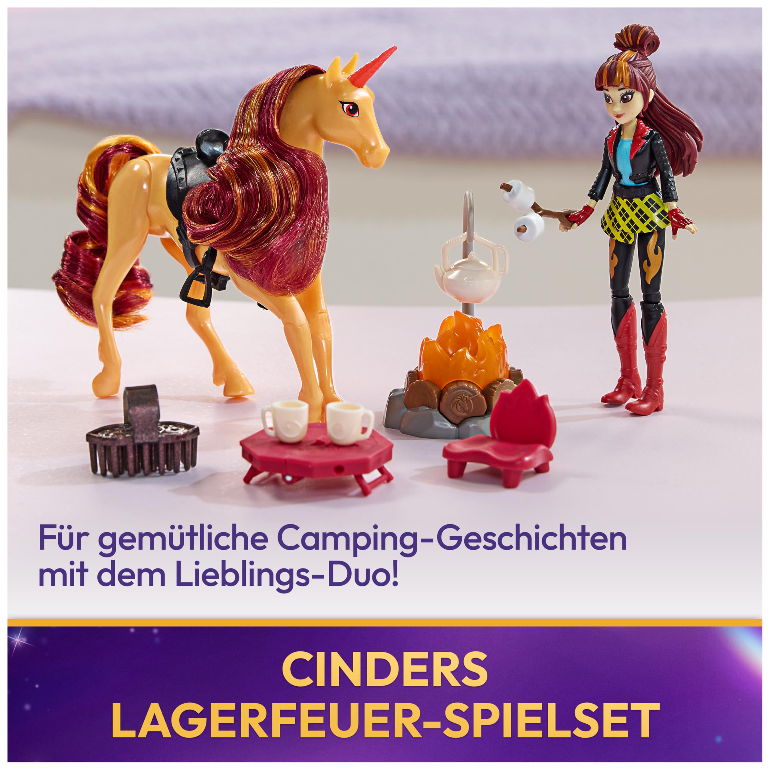 Unicorn Academy Lagerfeuer-Set Valentina Cinder Puppe Einhorn