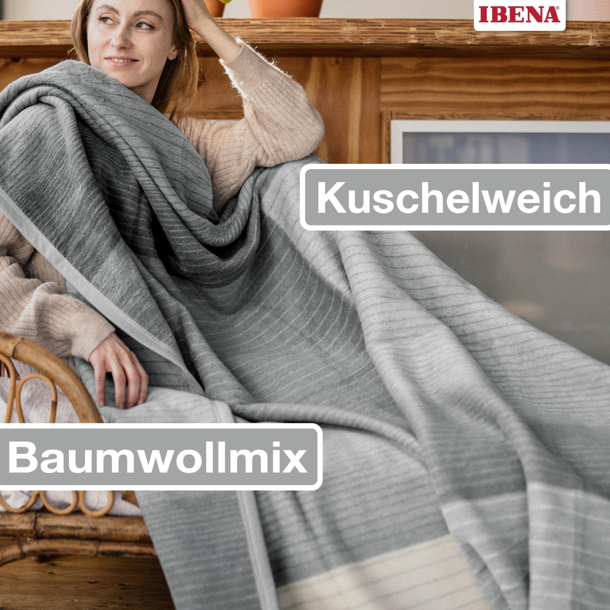 IBENA Granada Kuscheldecke 150x200 Grau Karo Baumwolle