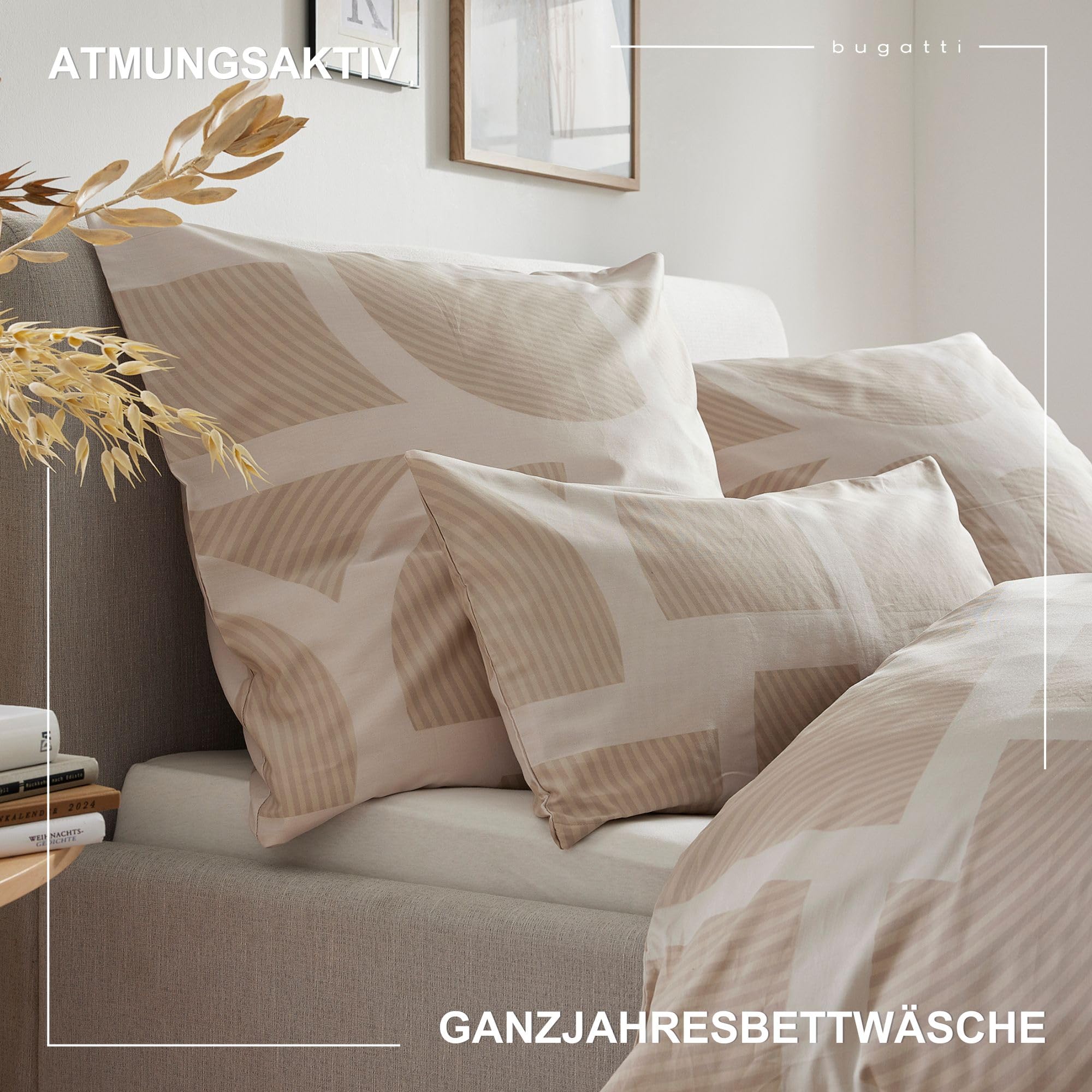 bugatti Bettwäsche 135x200 beige Grafik Satin Baumwolle