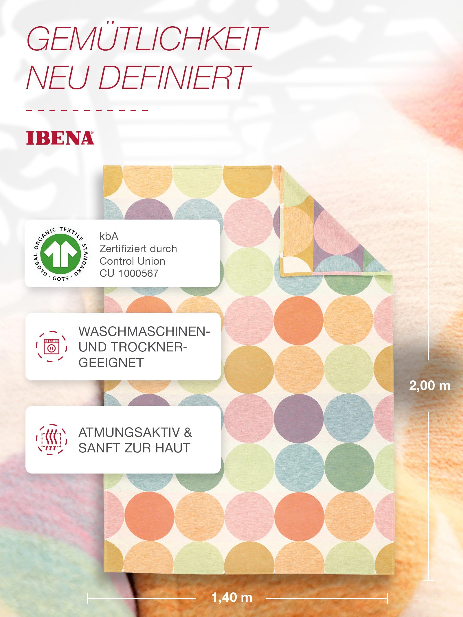 IBENA Venedig Baumwolldecke 140x200 Mehrfarbig Pastell Bio