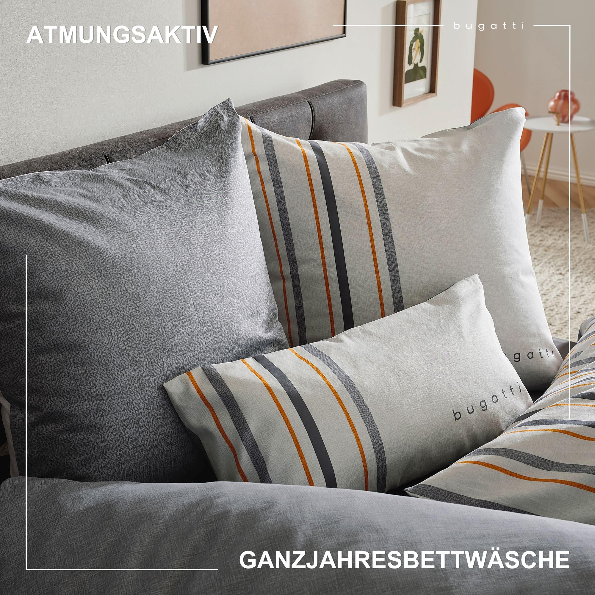 bugatti Bettwäsche 155x220 Grau Orange Mako-Satin Baumwolle