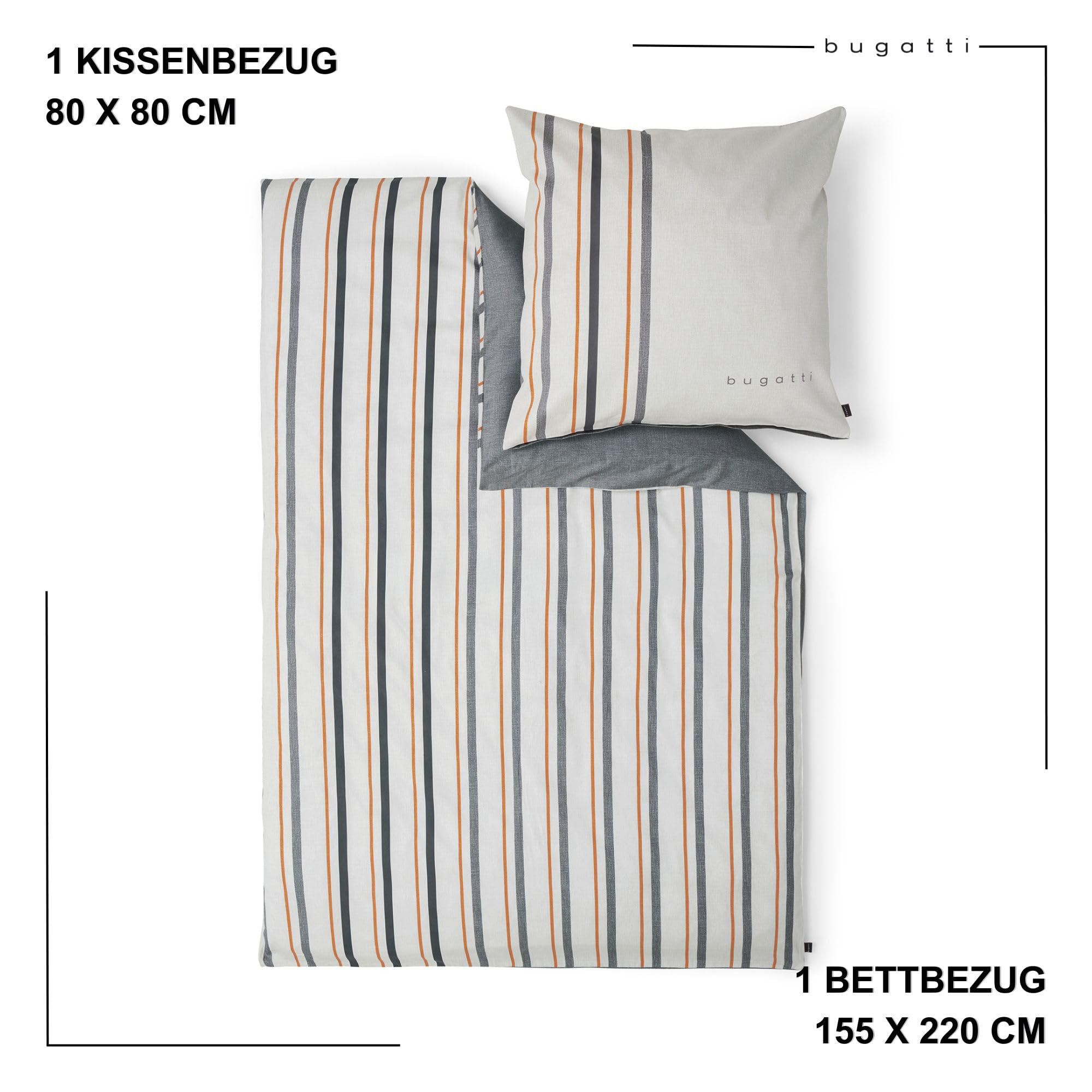 bugatti Bettwäsche 155x220 Grau Orange Mako-Satin Baumwolle