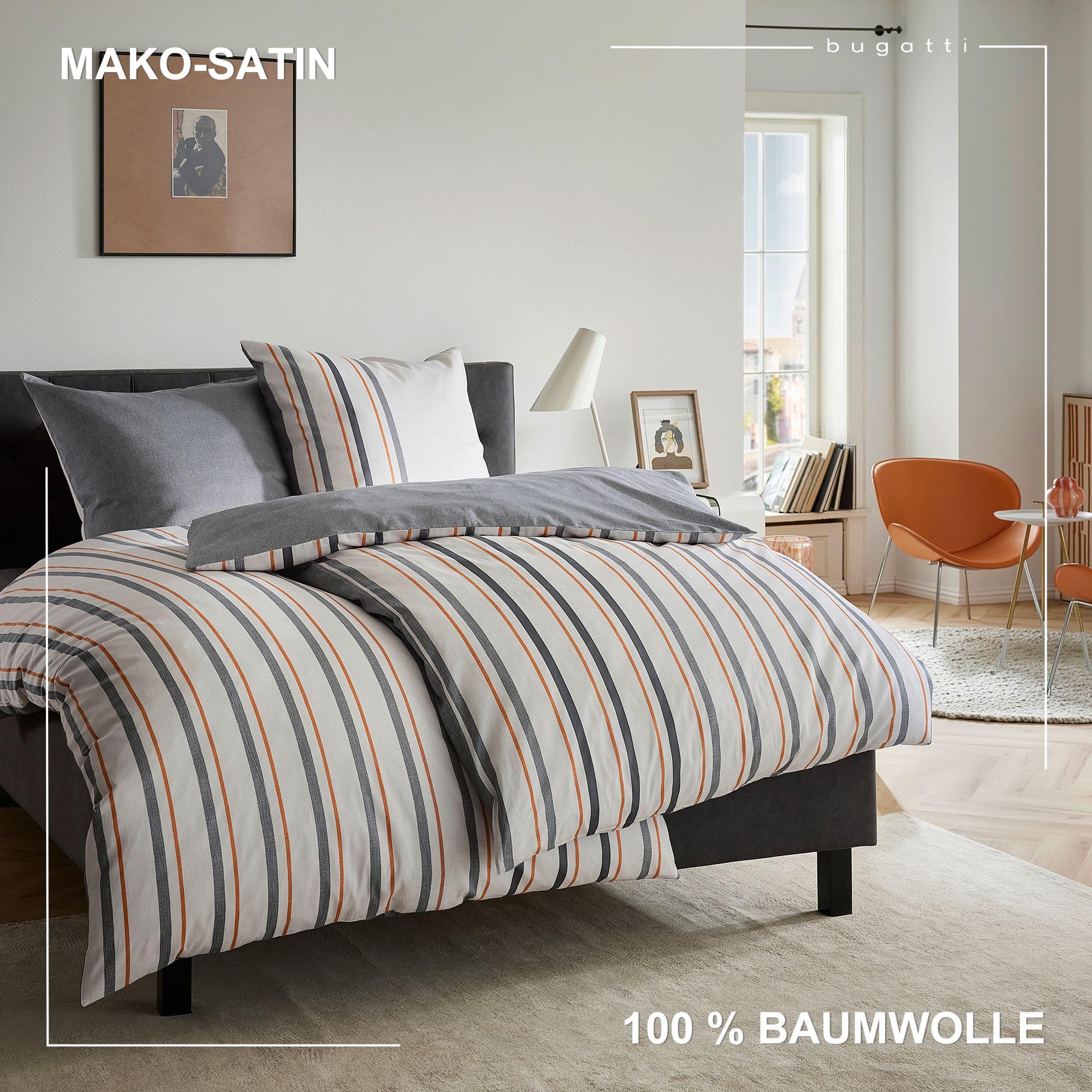 bugatti Bettwäsche 155x220 Grau Orange Mako-Satin Baumwolle