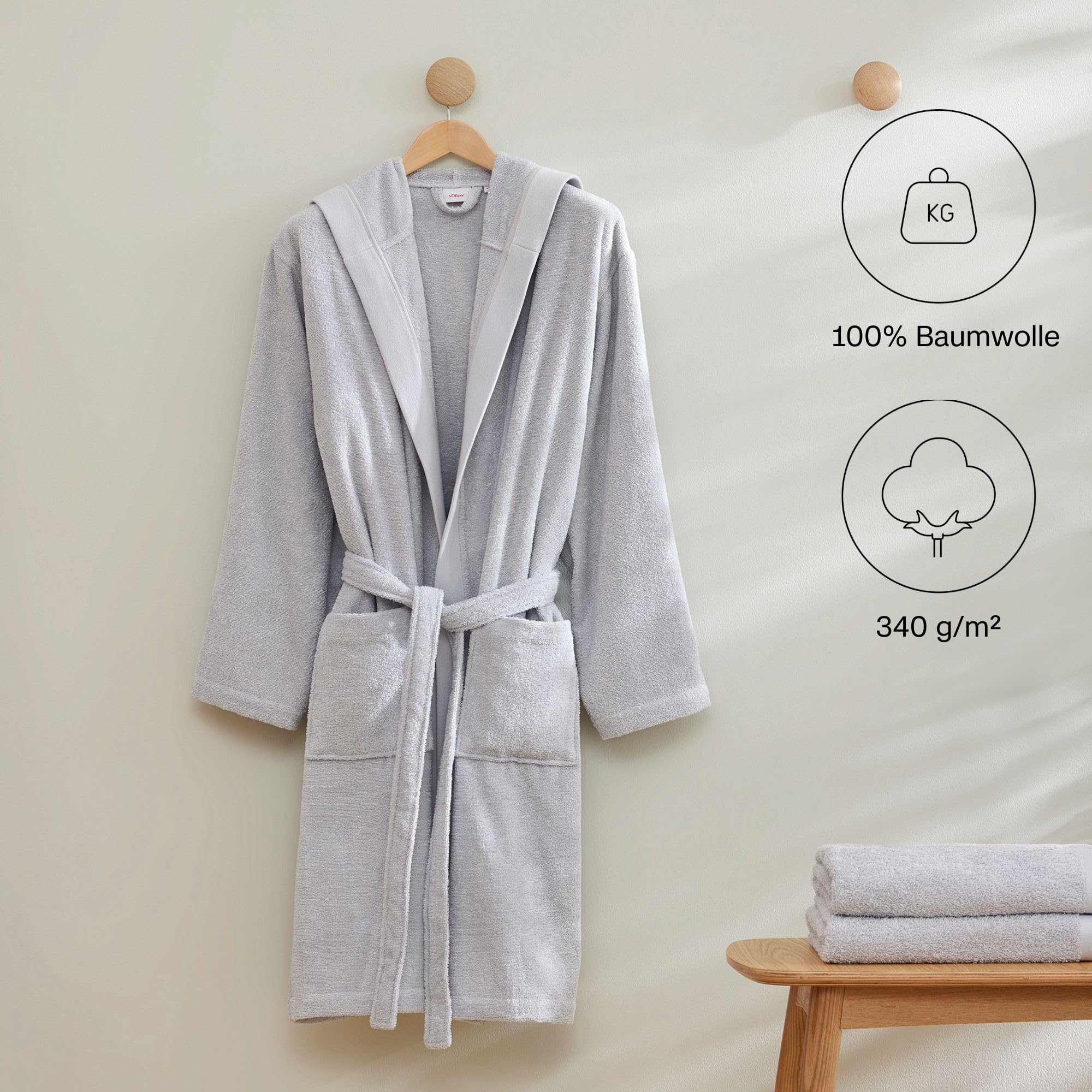 s.Oliver Bademantel M-L Baumwolle Beige mit Kapuze Unisex