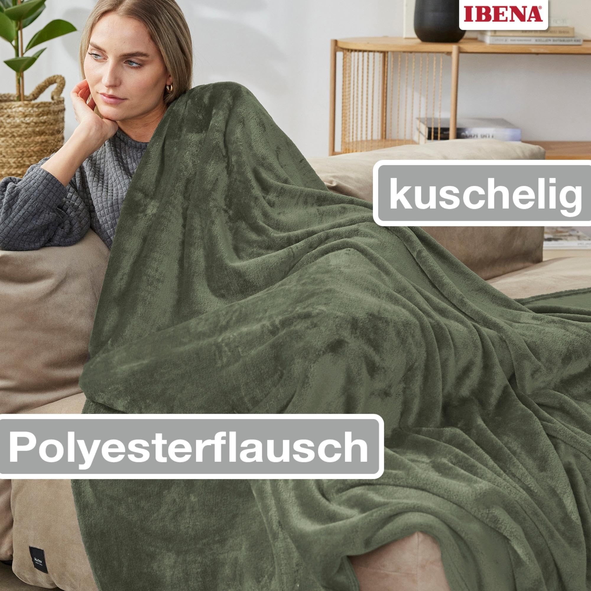 IBENA Olbia Kuscheldecke 150x200 Oliv Fleece 250 g/m²