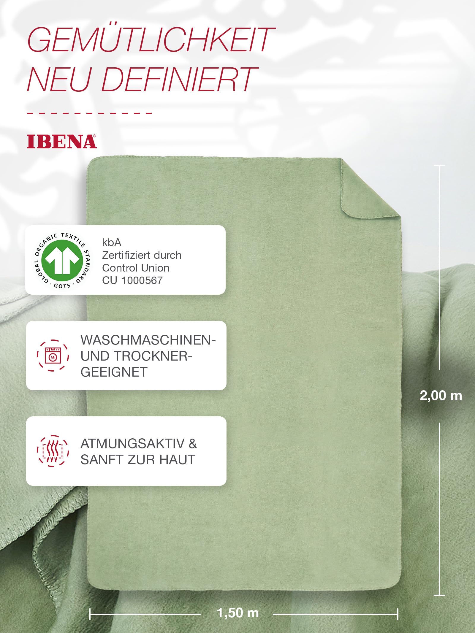 Ibena Malaga Bio Wolldecke 150x200 Baumwolldecke Grün