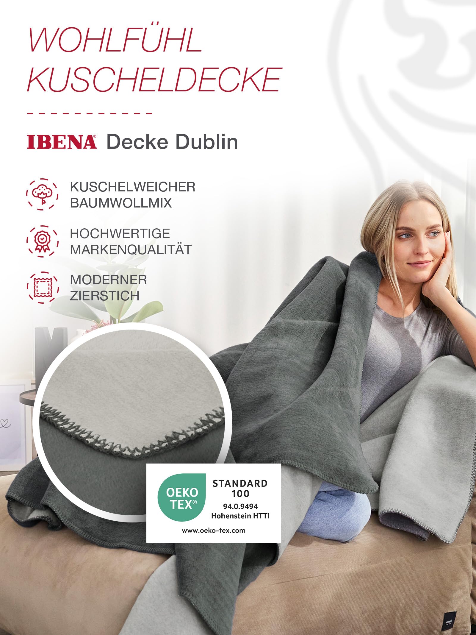 IBENA Dublin Wendedecke 150x200 Grau Silber Baumwolle