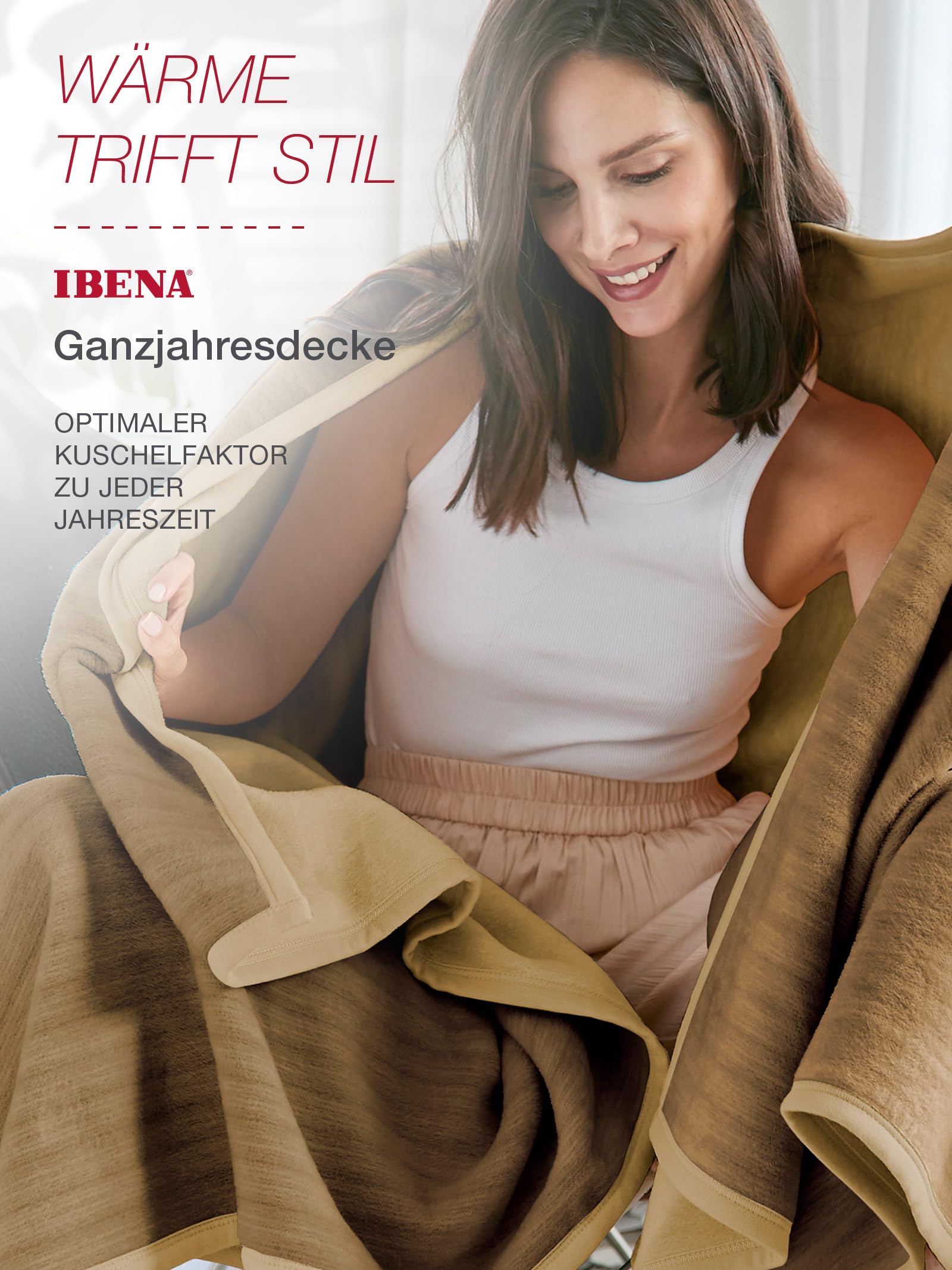 IBENA Fano Kuscheldecke 150x200 Braun Camel Baumwollmix Wende